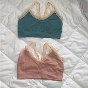 2 Pck Ribbed Lace Strap Bralette, Green&Light pink